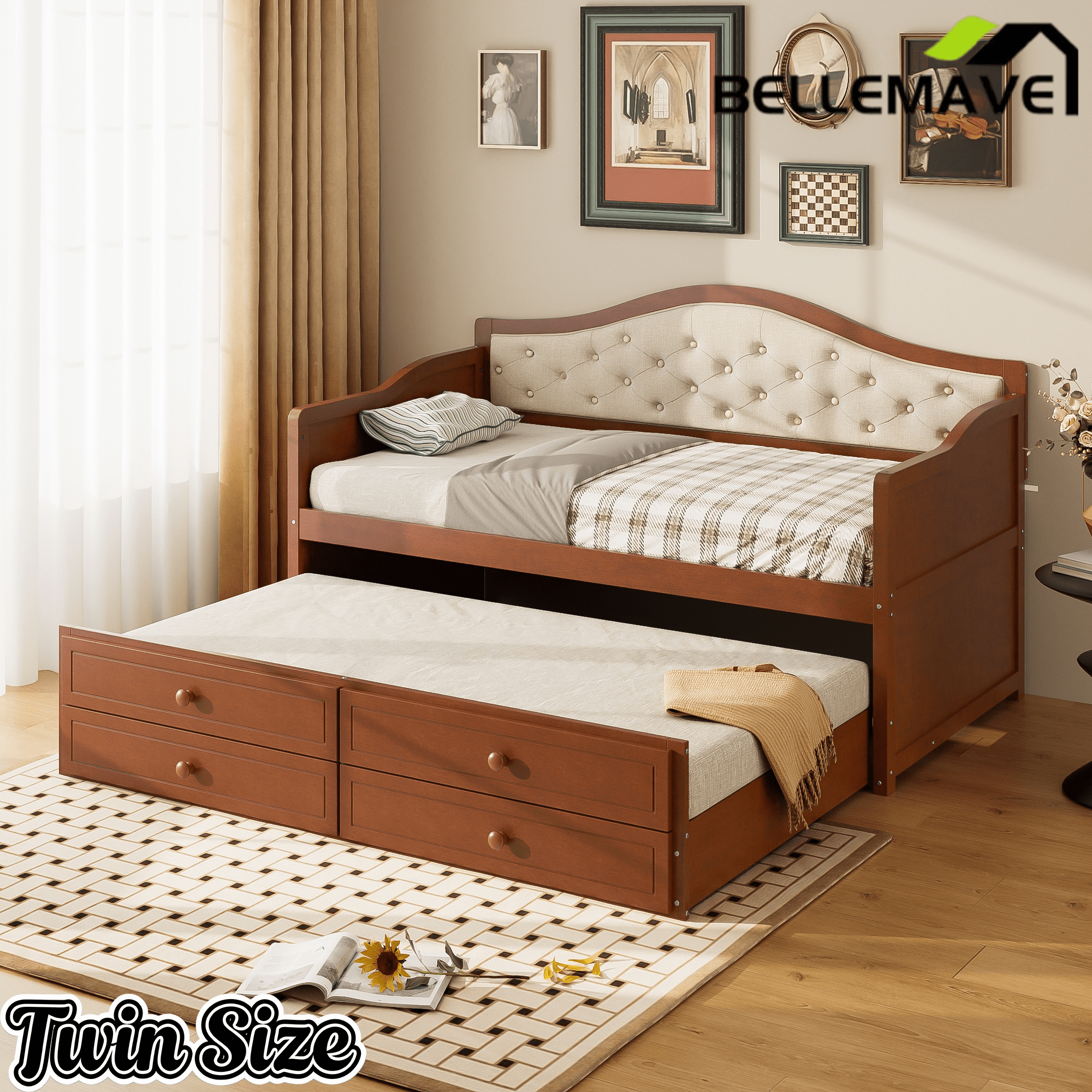 Bellemave® Twin Daybed with Trundle & 2 Storage Drawers | Button Tufted Upholstered Backrest - Bellemave