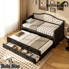 Bellemave® Twin Daybed with Trundle & 2 Storage Drawers | Button Tufted Upholstered Backrest - Bellemave