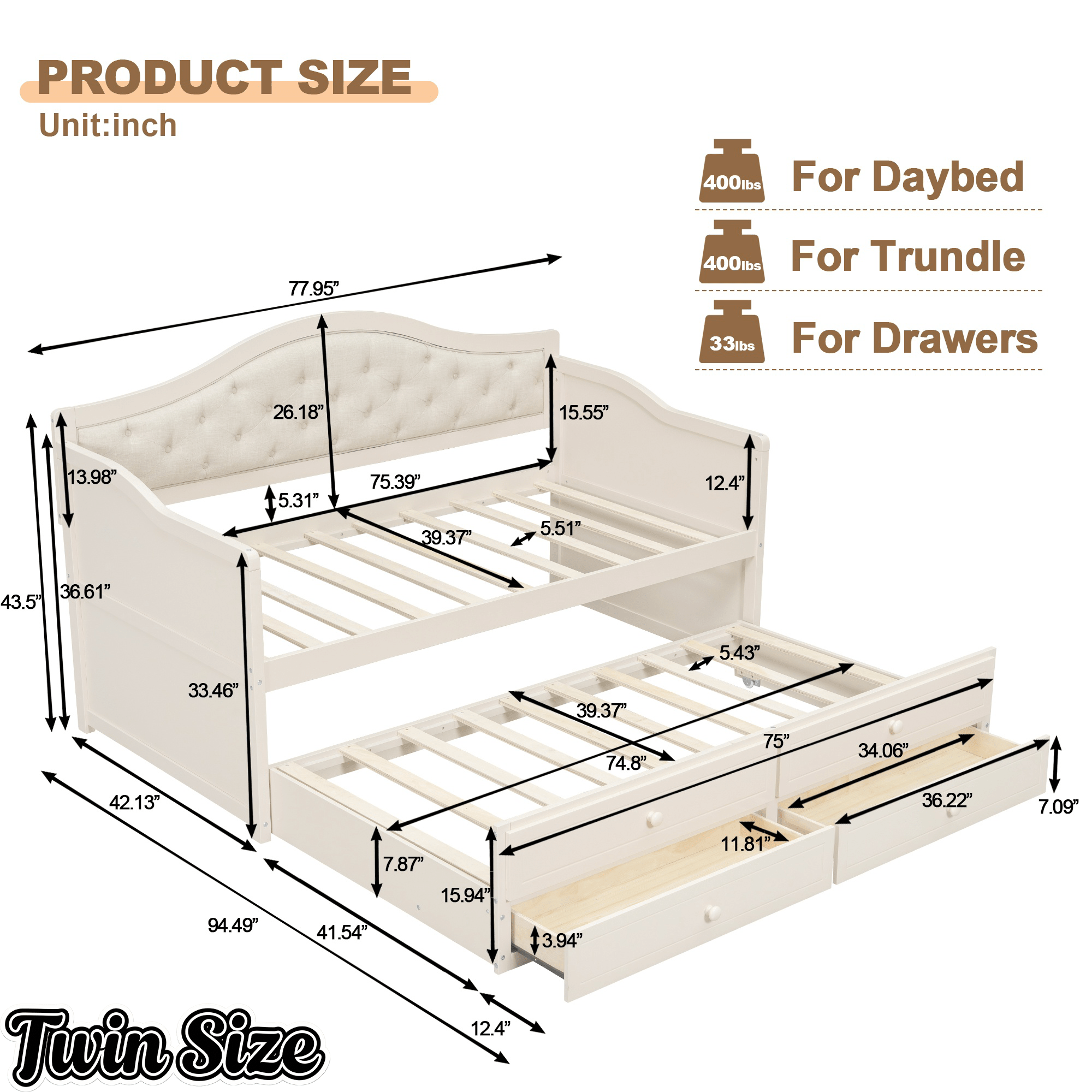 Bellemave® Twin Daybed with Trundle & 2 Storage Drawers | Button Tufted Upholstered Backrest - Bellemave
