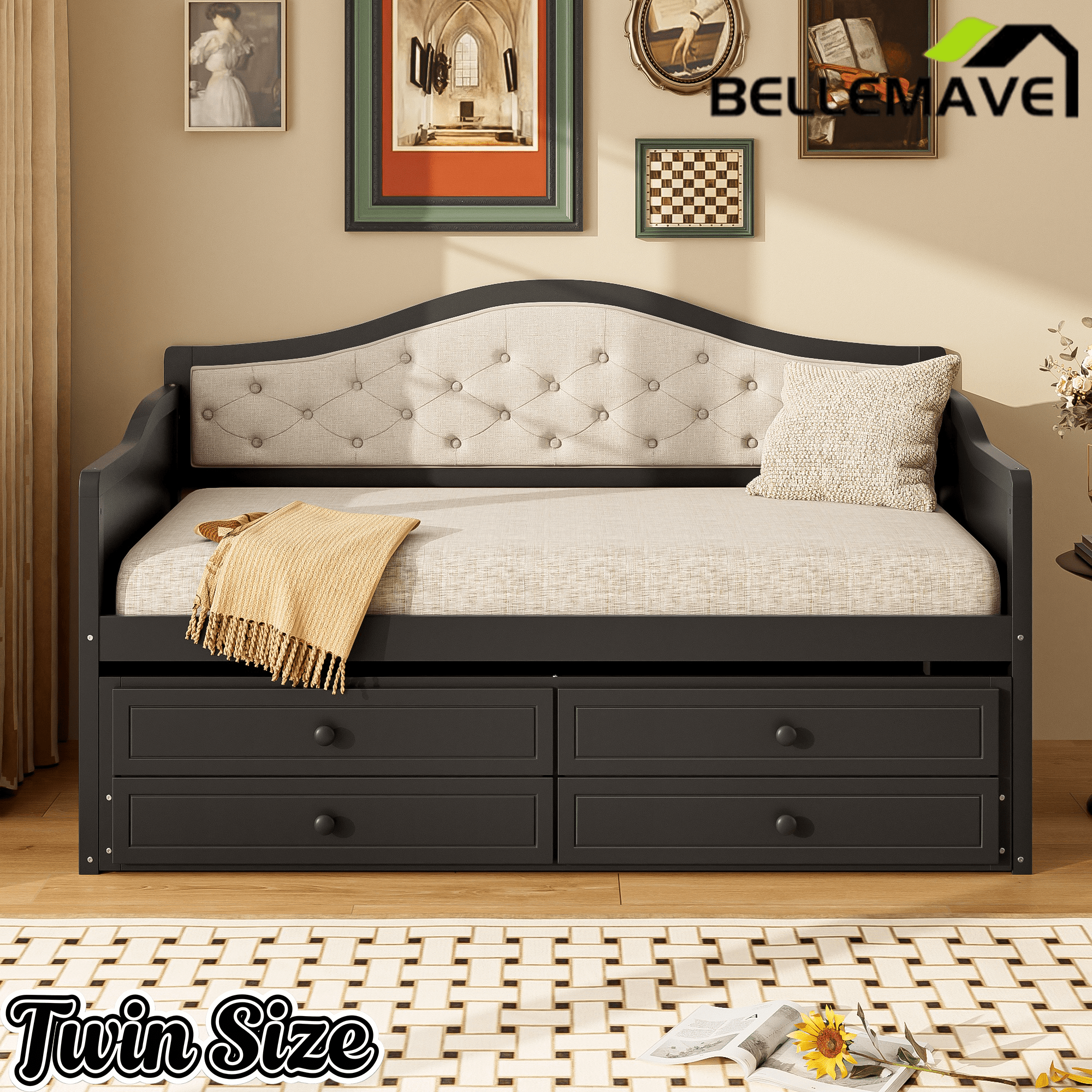 Bellemave® Twin Daybed with Trundle & 2 Storage Drawers | Button Tufted Upholstered Backrest - Bellemave
