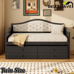 Bellemave® Twin Daybed with Trundle & 2 Storage Drawers | Button Tufted Upholstered Backrest - Bellemave
