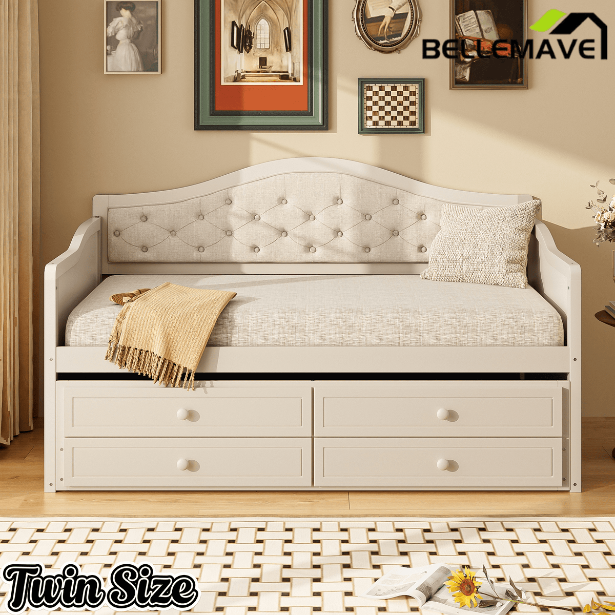 Bellemave® Twin Daybed with Trundle & 2 Storage Drawers | Button Tufted Upholstered Backrest - Bellemave