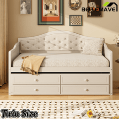 Bellemave® Twin Daybed with Trundle & 2 Storage Drawers | Button Tufted Upholstered Backrest - Bellemave