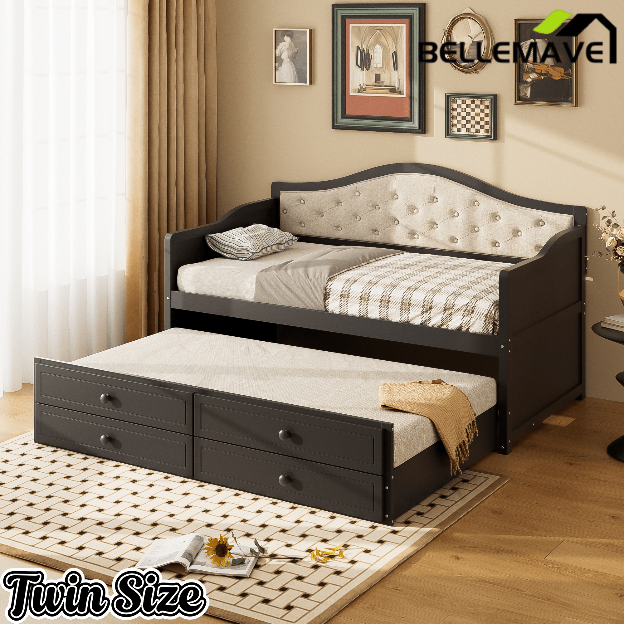 Bellemave® Twin Daybed with Trundle & 2 Storage Drawers | Button Tufted Upholstered Backrest - Bellemave