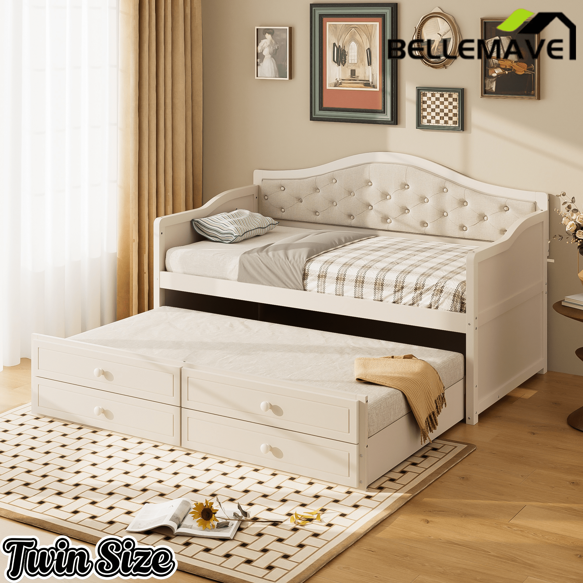 Bellemave® Twin Daybed with Trundle & 2 Storage Drawers | Button Tufted Upholstered Backrest - Bellemave