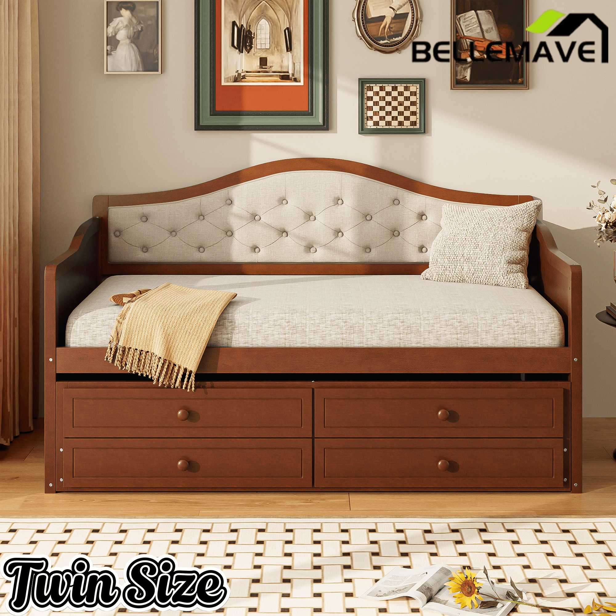 Bellemave® Twin Daybed with Trundle & 2 Storage Drawers | Button Tufted Upholstered Backrest - Bellemave