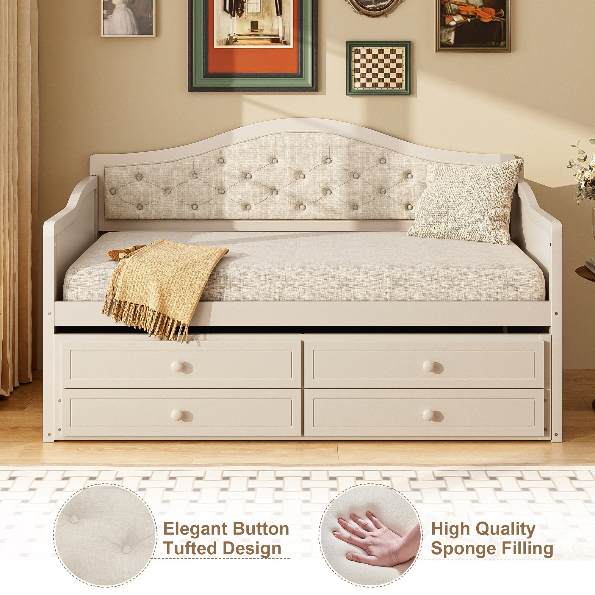 Bellemave® Twin Daybed with Trundle & 2 Storage Drawers | Button Tufted Upholstered Backrest - Bellemave