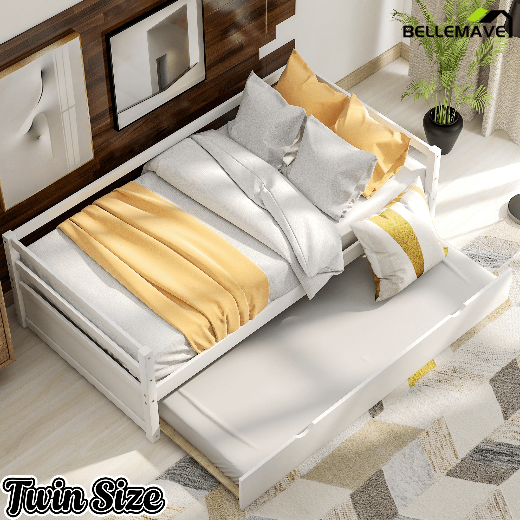 Bellemave® Twin Daybed with Trundle, White Wood Frame – Space Saving Bed for Bedroom & Living Room - Bellemave
