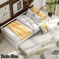 Bellemave® Twin Daybed with Trundle, White Wood Frame – Space Saving Bed for Bedroom & Living Room - Bellemave