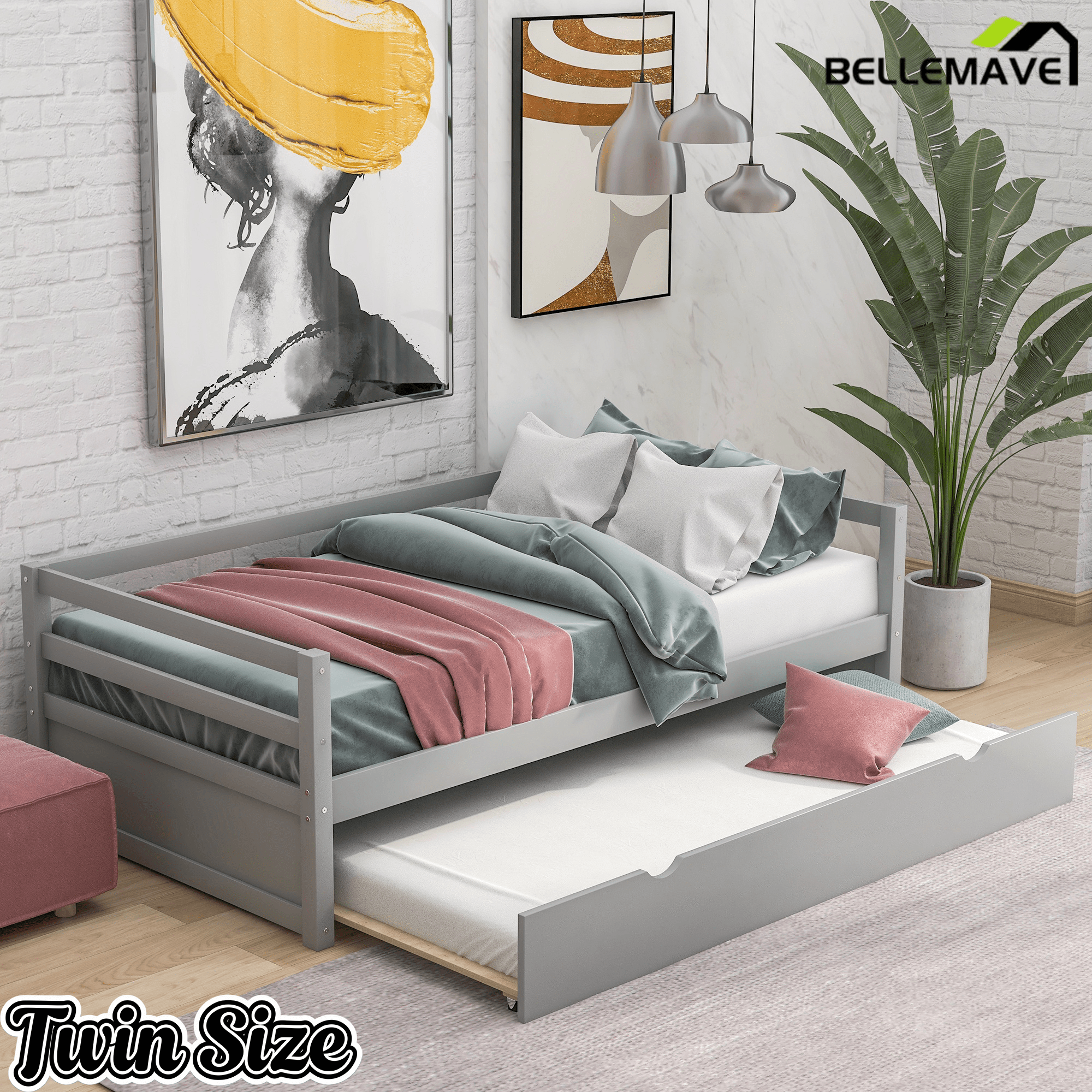 Bellemave® Twin Daybed with Trundle, White Wood Frame – Space Saving Bed for Bedroom & Living Room - Bellemave