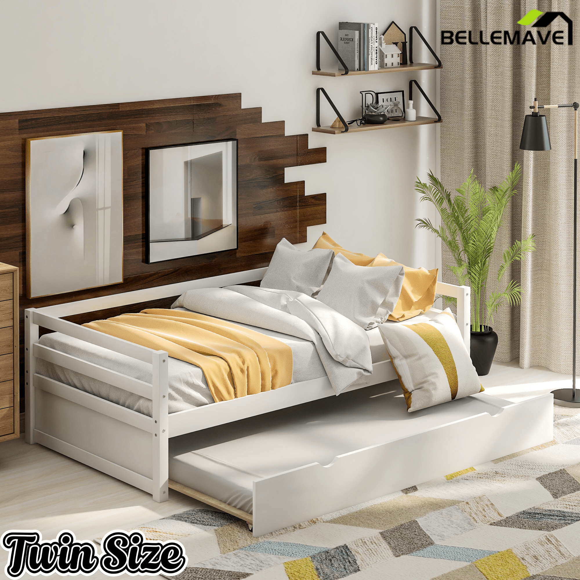 Bellemave® Twin Daybed with Trundle, White Wood Frame – Space Saving Bed for Bedroom & Living Room - Bellemave
