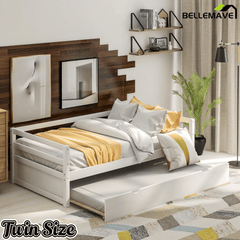 Bellemave® Twin Daybed with Trundle, White Wood Frame – Space Saving Bed for Bedroom & Living Room - Bellemave