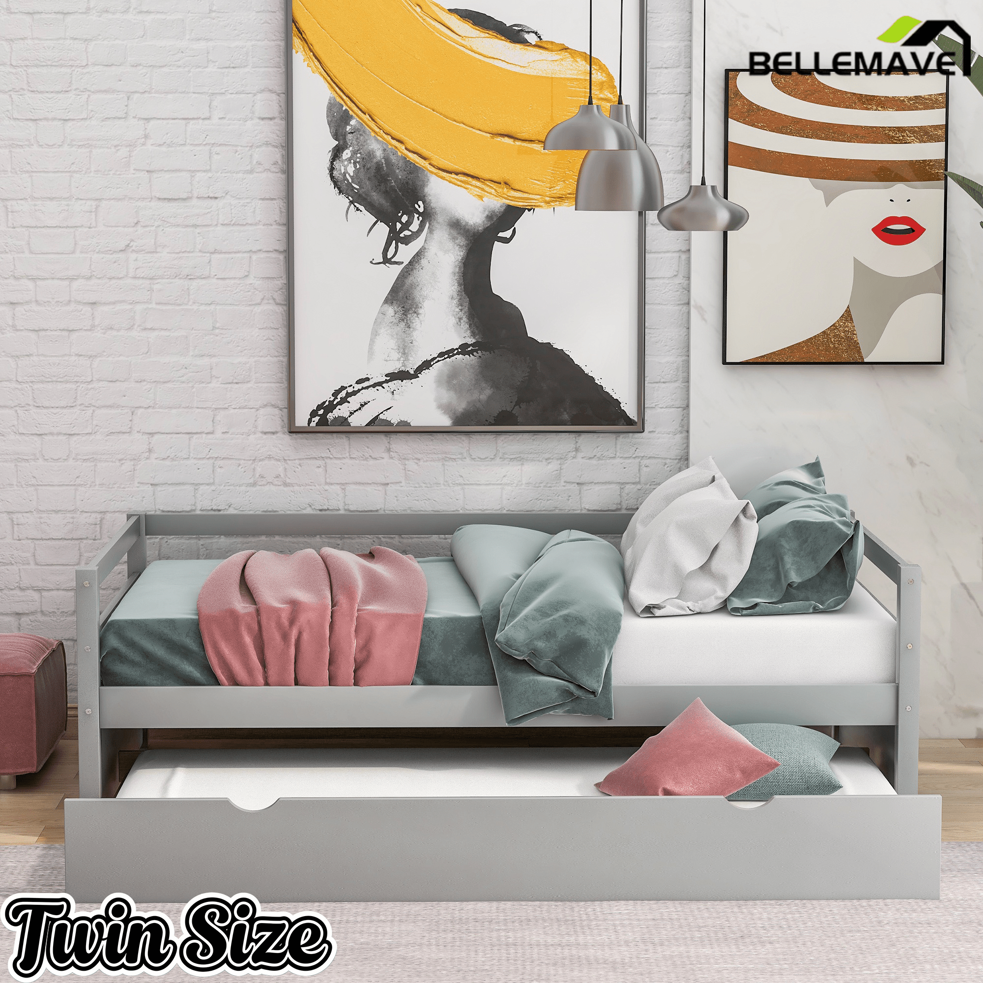 Bellemave® Twin Daybed with Trundle, White Wood Frame – Space Saving Bed for Bedroom & Living Room - Bellemave