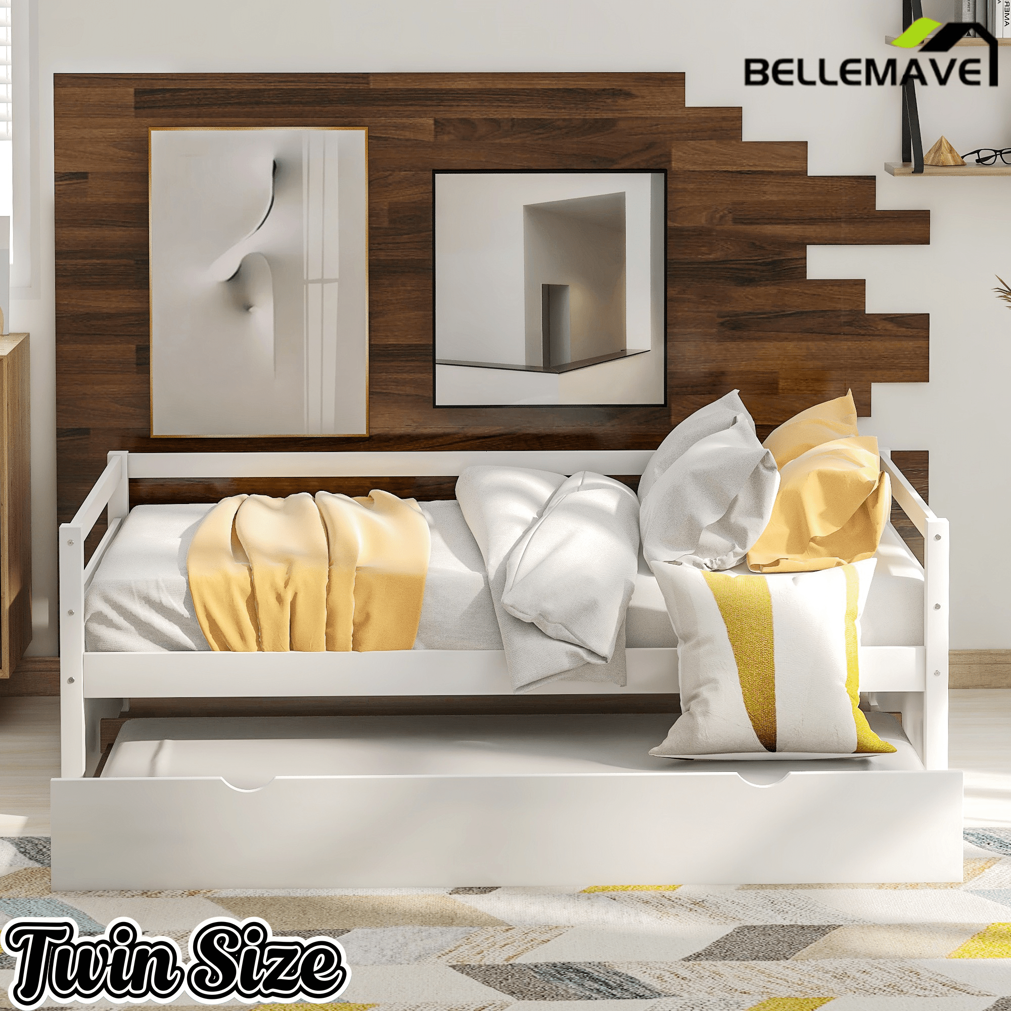 Bellemave® Twin Daybed with Trundle, White Wood Frame – Space Saving Bed for Bedroom & Living Room - Bellemave