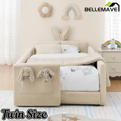 Bellemave® Twin Floor Bed with Slats & Guardrail, Wood Montessori Floor Bed, Boucle Fabric,No Box Spring Needed, Beige - Bellemave
