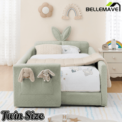 Bellemave® Twin Floor Bed with Slats & Guardrail, Wood Montessori Floor Bed, Boucle Fabric,No Box Spring Needed, Beige - Bellemave