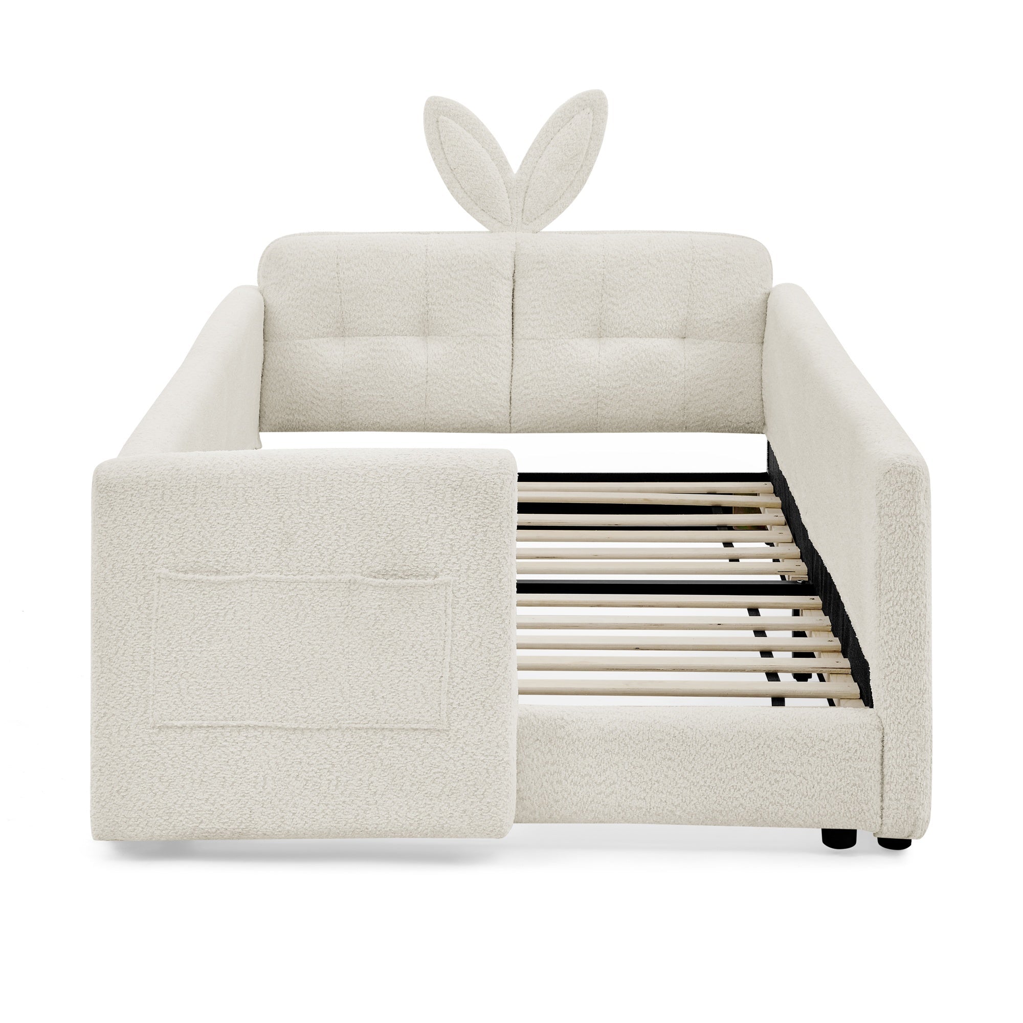 Bellemave® Twin Floor Bed with Slats & Guardrail, Wood Montessori Floor Bed, Boucle Fabric,No Box Spring Needed, Beige - Bellemave