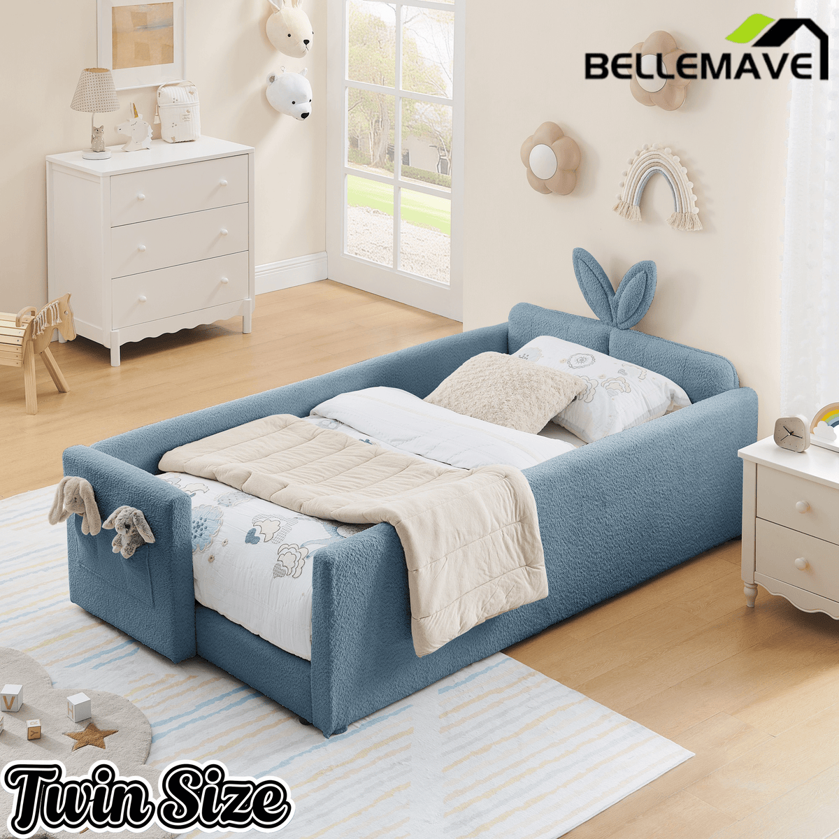 Bellemave® Twin Floor Bed with Slats & Guardrail, Wood Montessori Floor Bed, Boucle Fabric,No Box Spring Needed, Beige - Bellemave