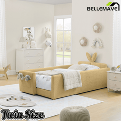 Bellemave® Twin Floor Bed with Slats & Guardrail, Wood Montessori Floor Bed, Boucle Fabric,No Box Spring Needed, Beige - Bellemave