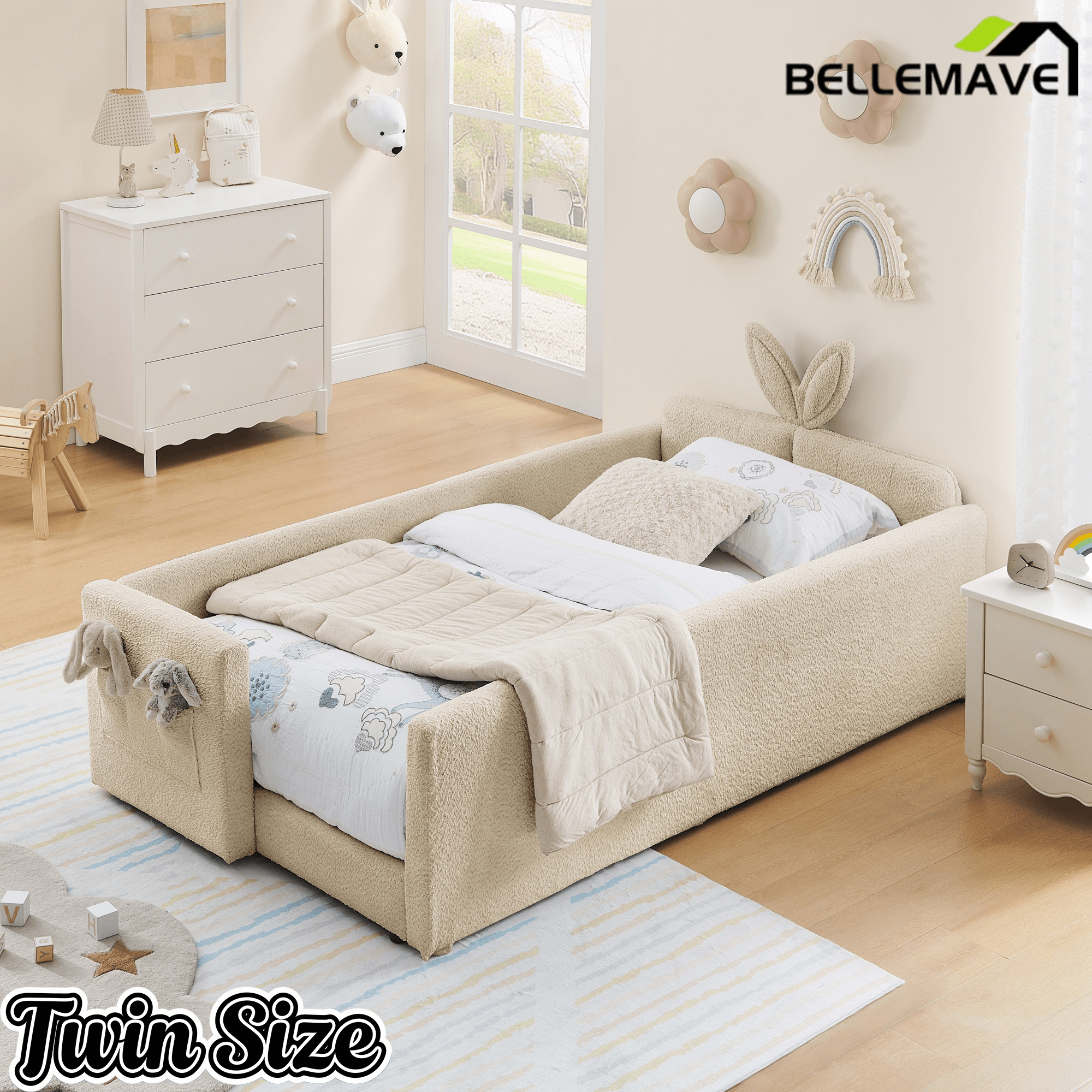 Bellemave® Twin Floor Bed with Slats & Guardrail, Wood Montessori Floor Bed, Boucle Fabric,No Box Spring Needed, Beige - Bellemave
