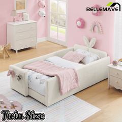 Bellemave® Twin Floor Bed with Slats & Guardrail, Wood Montessori Floor Bed, Boucle Fabric,No Box Spring Needed, Beige - Bellemave