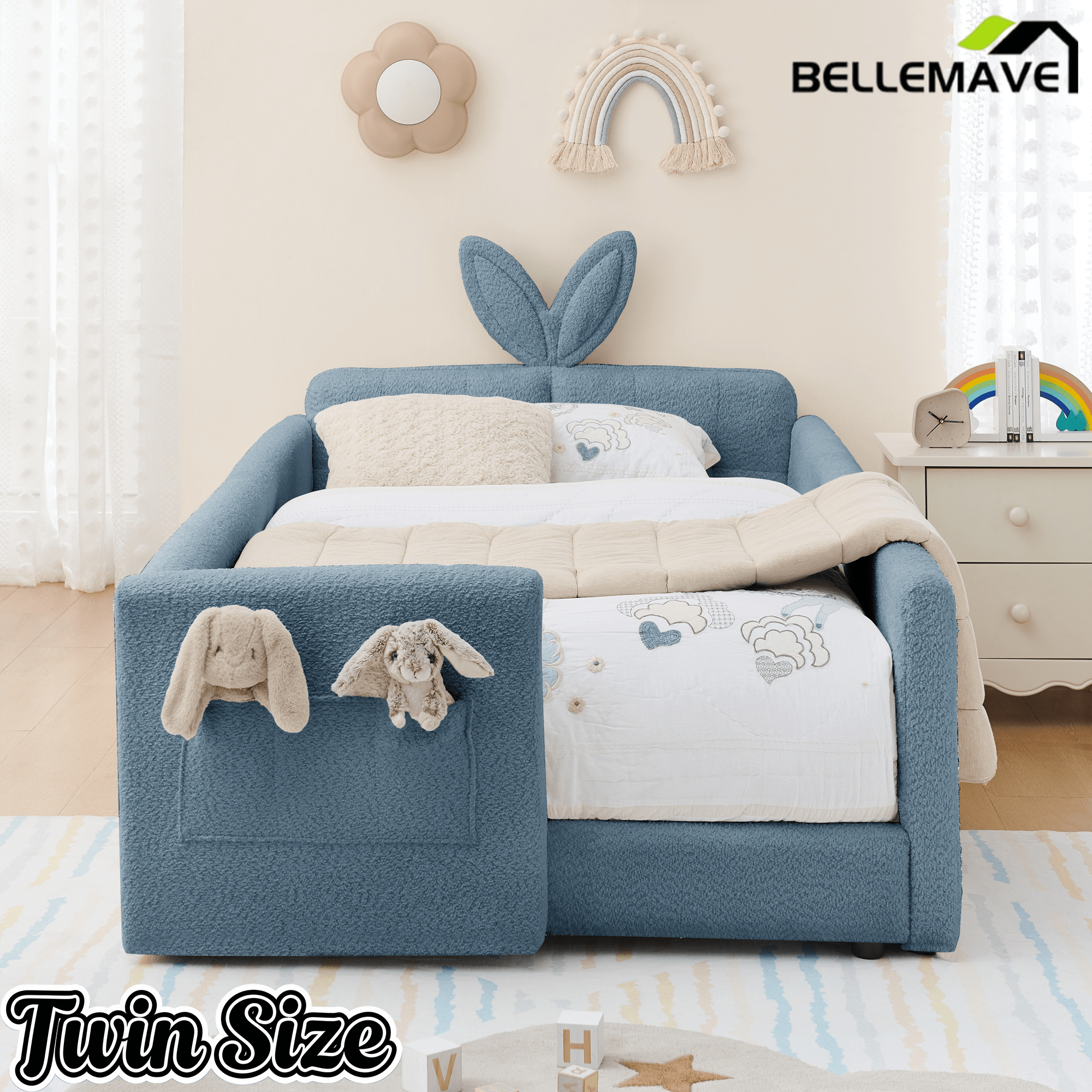 Bellemave® Twin Floor Bed with Slats & Guardrail, Wood Montessori Floor Bed, Boucle Fabric,No Box Spring Needed, Beige - Bellemave