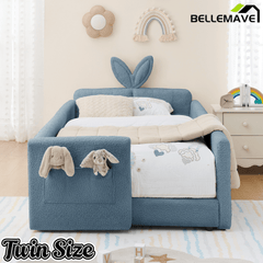 Bellemave® Twin Floor Bed with Slats & Guardrail, Wood Montessori Floor Bed, Boucle Fabric,No Box Spring Needed, Beige - Bellemave