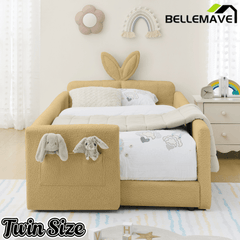 Bellemave® Twin Floor Bed with Slats & Guardrail, Wood Montessori Floor Bed, Boucle Fabric,No Box Spring Needed, Beige - Bellemave