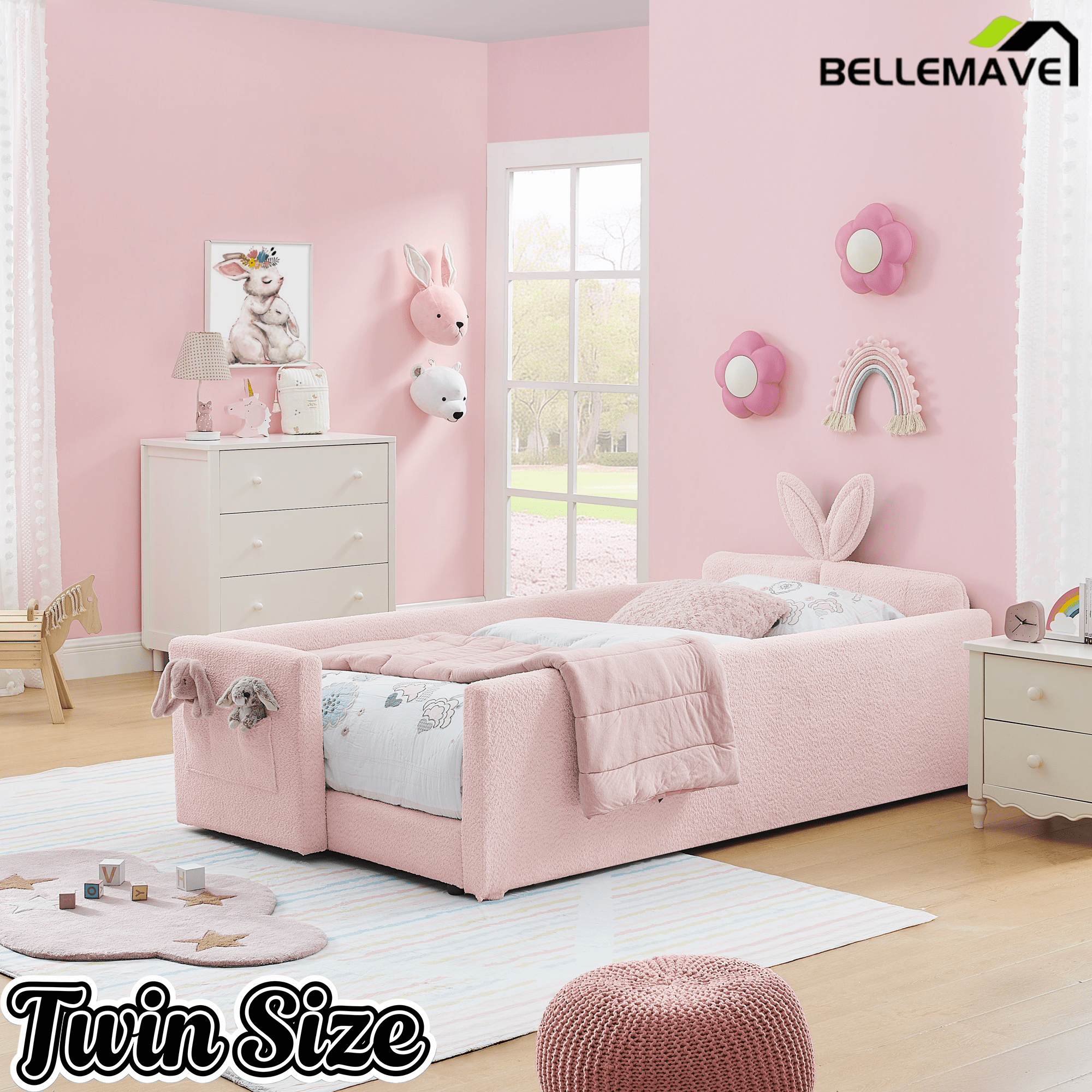 Bellemave® Twin Floor Bed with Slats & Guardrail, Wood Montessori Floor Bed, Boucle Fabric,No Box Spring Needed, Beige - Bellemave