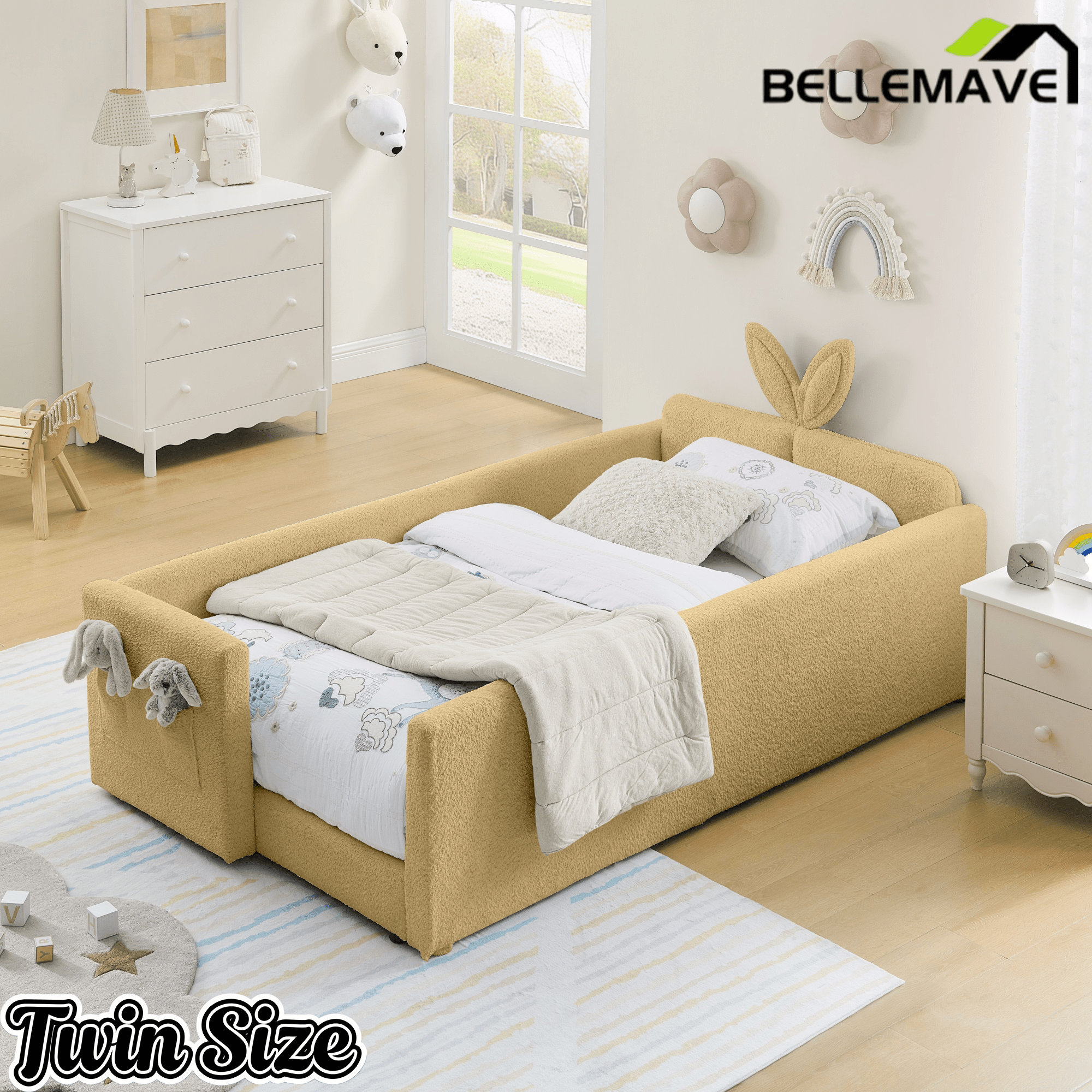 Bellemave® Twin Floor Bed with Slats & Guardrail, Wood Montessori Floor Bed, Boucle Fabric,No Box Spring Needed, Beige - Bellemave