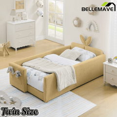 Bellemave® Twin Floor Bed with Slats & Guardrail, Wood Montessori Floor Bed, Boucle Fabric,No Box Spring Needed, Beige - Bellemave