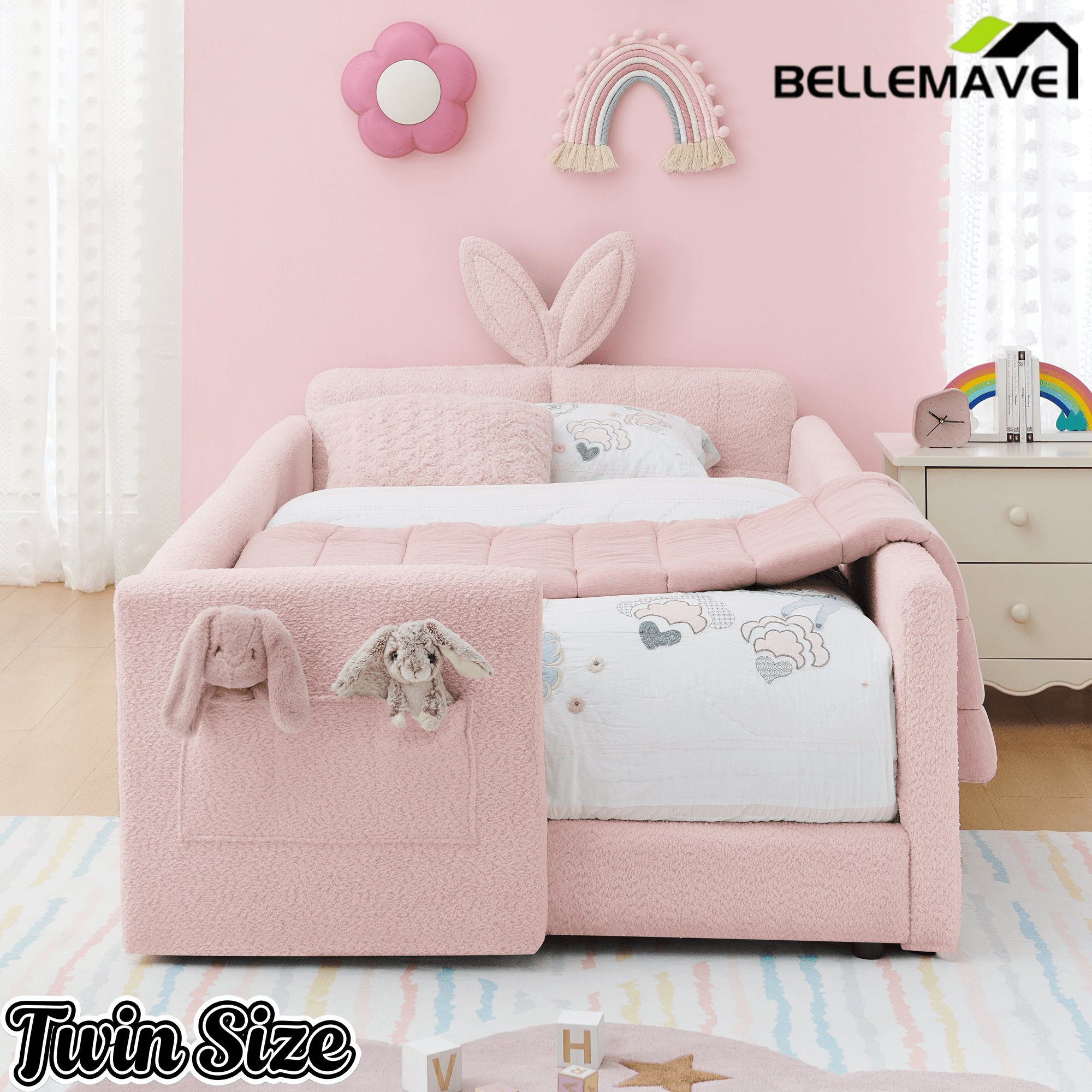 Bellemave® Twin Floor Bed with Slats & Guardrail, Wood Montessori Floor Bed, Boucle Fabric,No Box Spring Needed, Beige - Bellemave