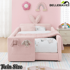 Bellemave® Twin Floor Bed with Slats & Guardrail, Wood Montessori Floor Bed, Boucle Fabric,No Box Spring Needed, Beige - Bellemave