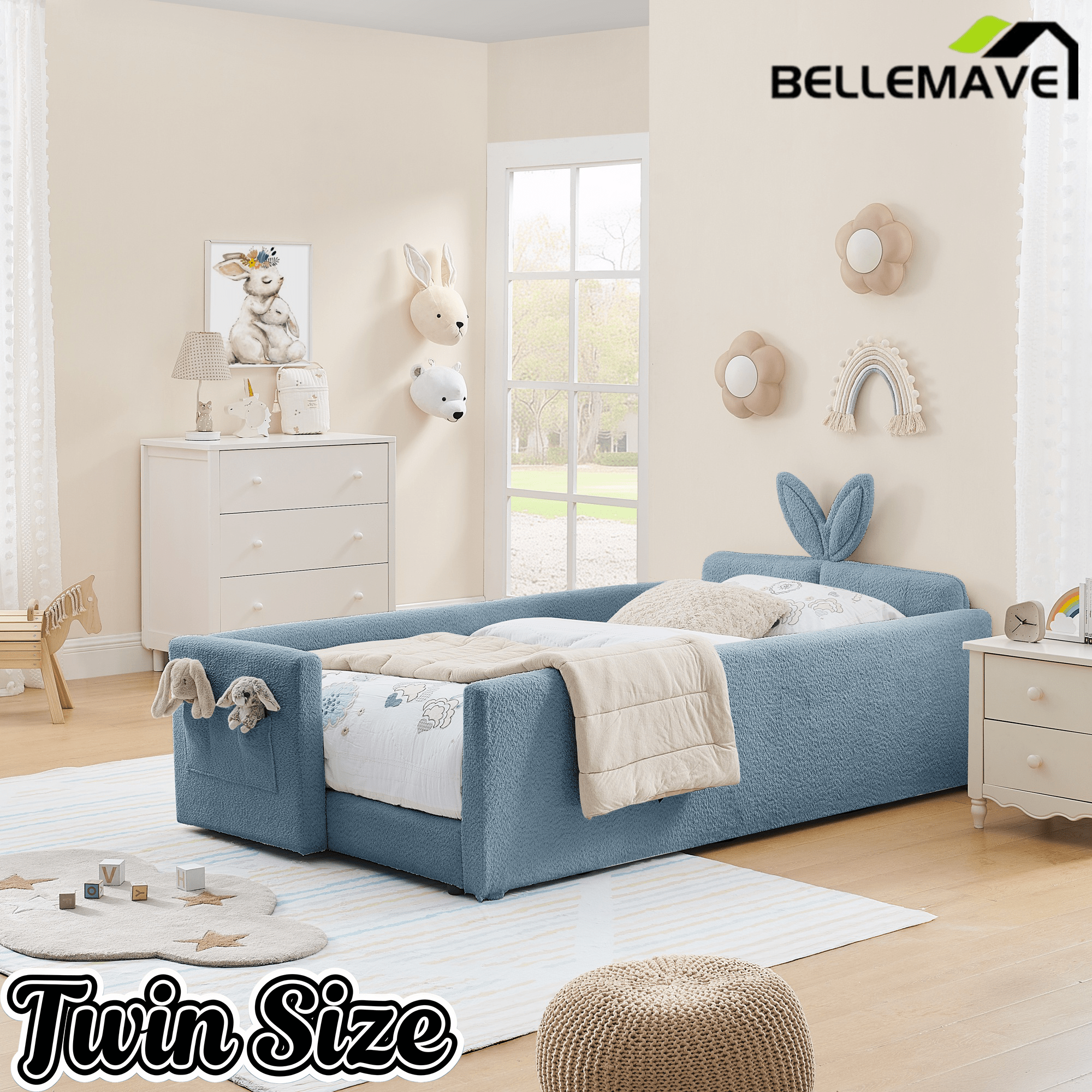 Bellemave® Twin Floor Bed with Slats & Guardrail, Wood Montessori Floor Bed, Boucle Fabric,No Box Spring Needed, Beige - Bellemave