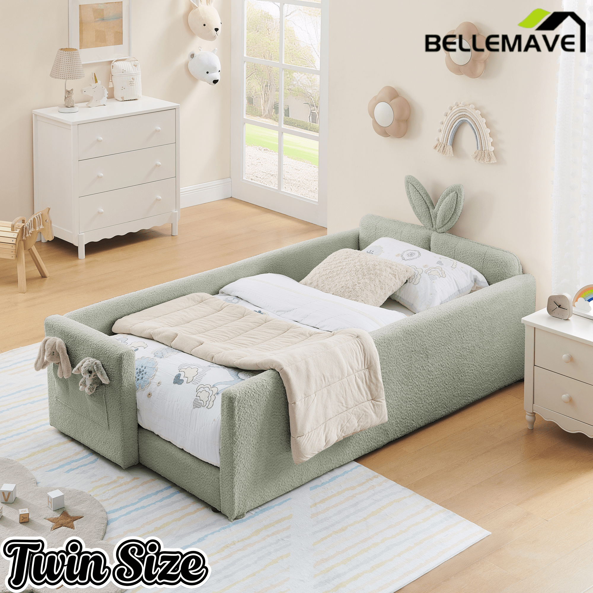 Bellemave® Twin Floor Bed with Slats & Guardrail, Wood Montessori Floor Bed, Boucle Fabric,No Box Spring Needed, Beige - Bellemave
