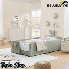 Bellemave® Twin Floor Bed with Slats & Guardrail, Wood Montessori Floor Bed, Boucle Fabric,No Box Spring Needed, Beige - Bellemave