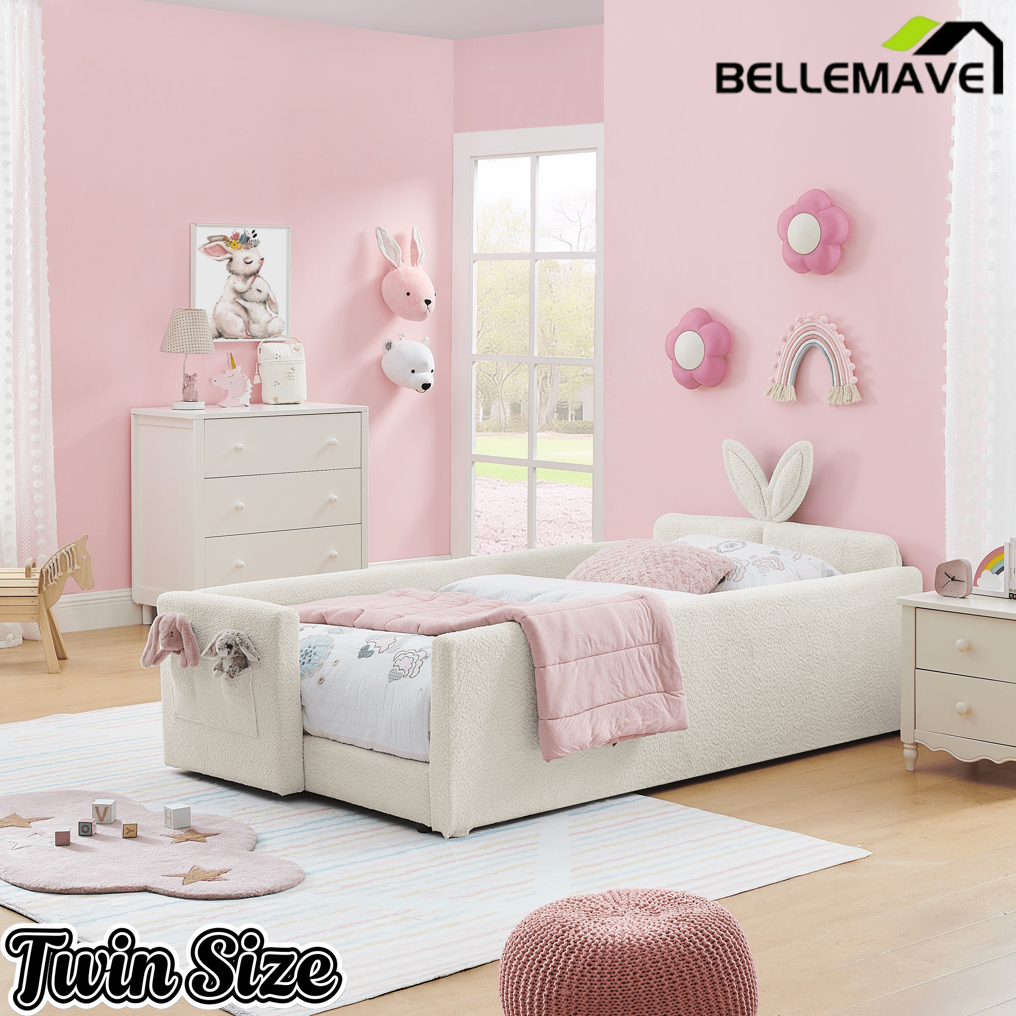 Bellemave® Twin Floor Bed with Slats & Guardrail, Wood Montessori Floor Bed, Boucle Fabric,No Box Spring Needed, Beige - Bellemave