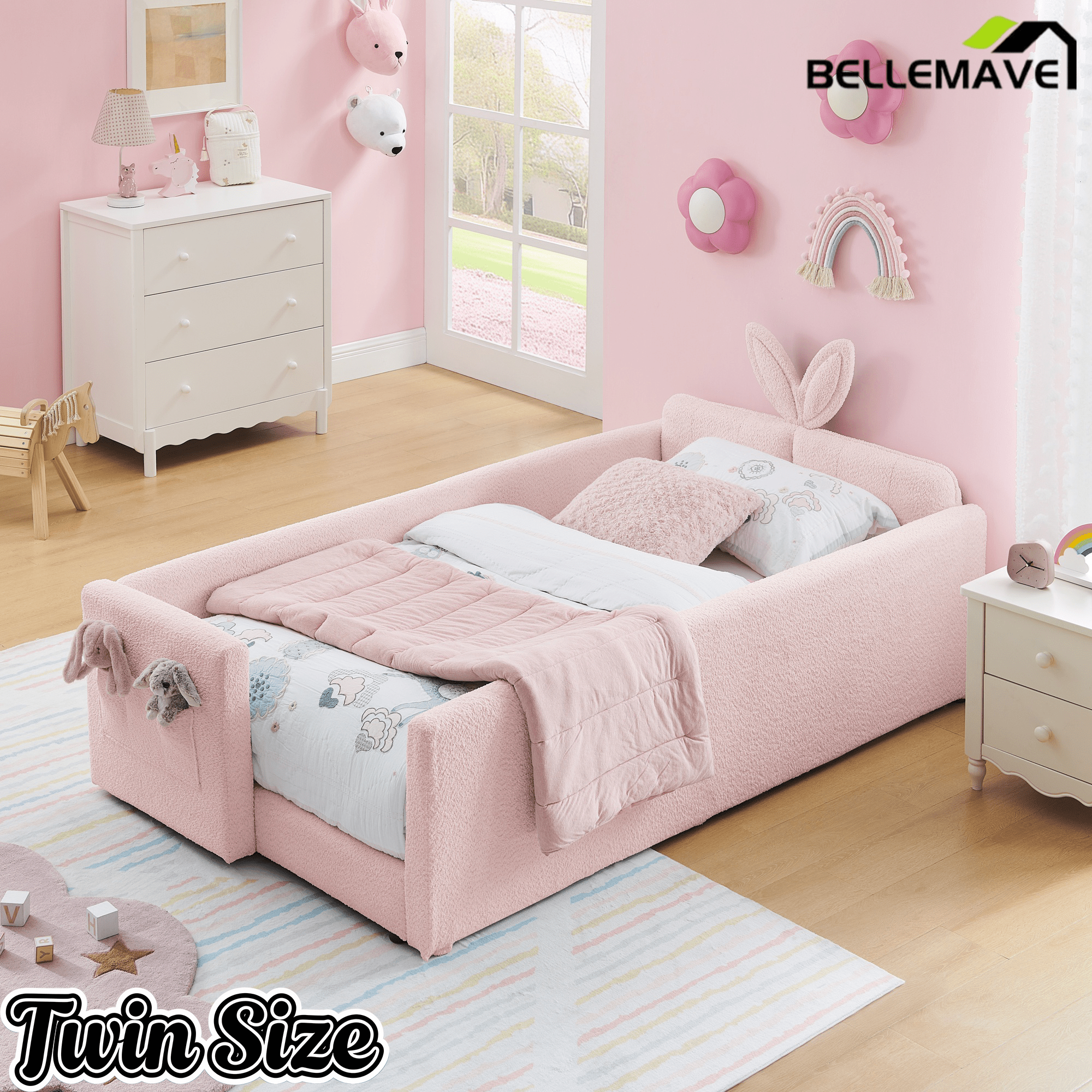 Bellemave® Twin Floor Bed with Slats & Guardrail, Wood Montessori Floor Bed, Boucle Fabric,No Box Spring Needed, Beige - Bellemave