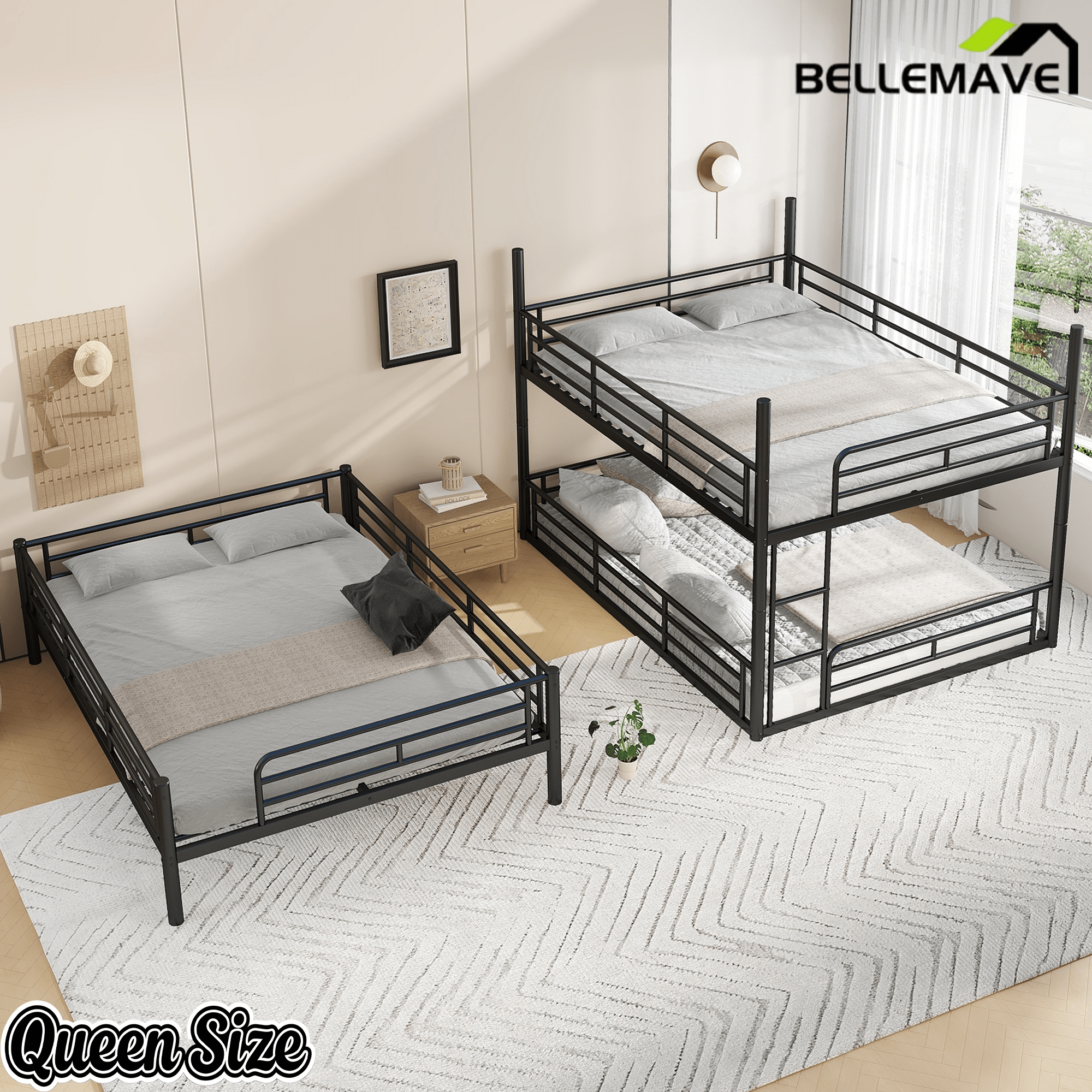 Bellemave® Twin, Full and Queen Size Metal Triple Bunk Bed with Full - Length Guardrails - Bellemave