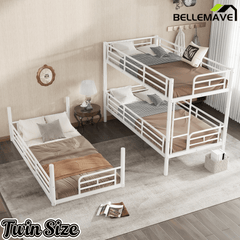 Bellemave® Twin, Full and Queen Size Metal Triple Bunk Bed with Full - Length Guardrails - Bellemave