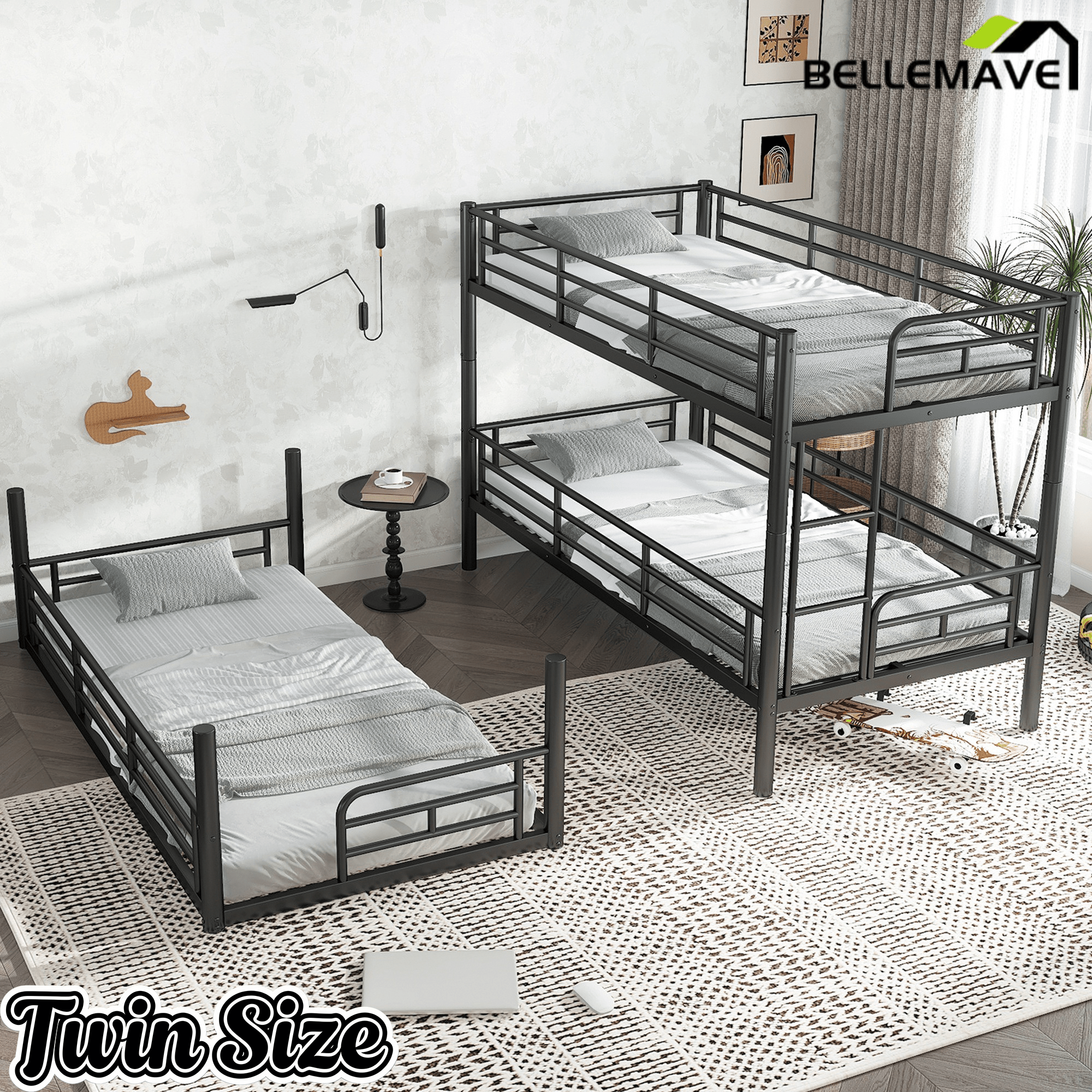 Bellemave® Twin, Full and Queen Size Metal Triple Bunk Bed with Full - Length Guardrails - Bellemave