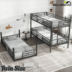 Bellemave® Twin, Full and Queen Size Metal Triple Bunk Bed with Full - Length Guardrails - Bellemave