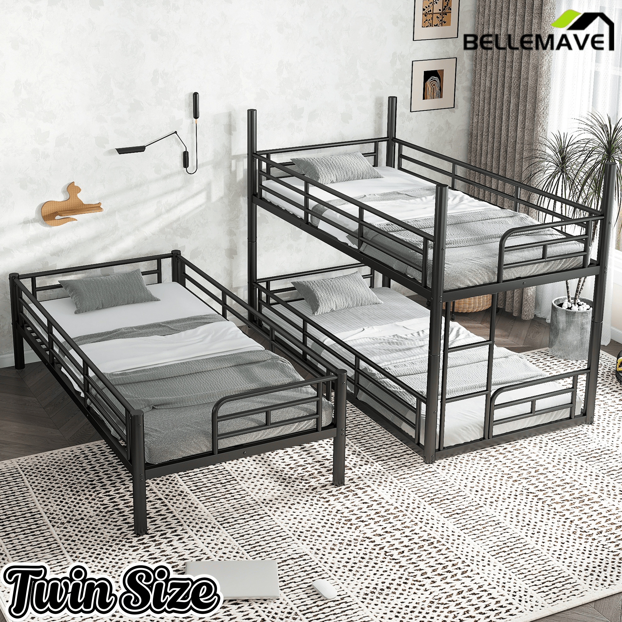 Bellemave® Twin, Full and Queen Size Metal Triple Bunk Bed with Full - Length Guardrails - Bellemave