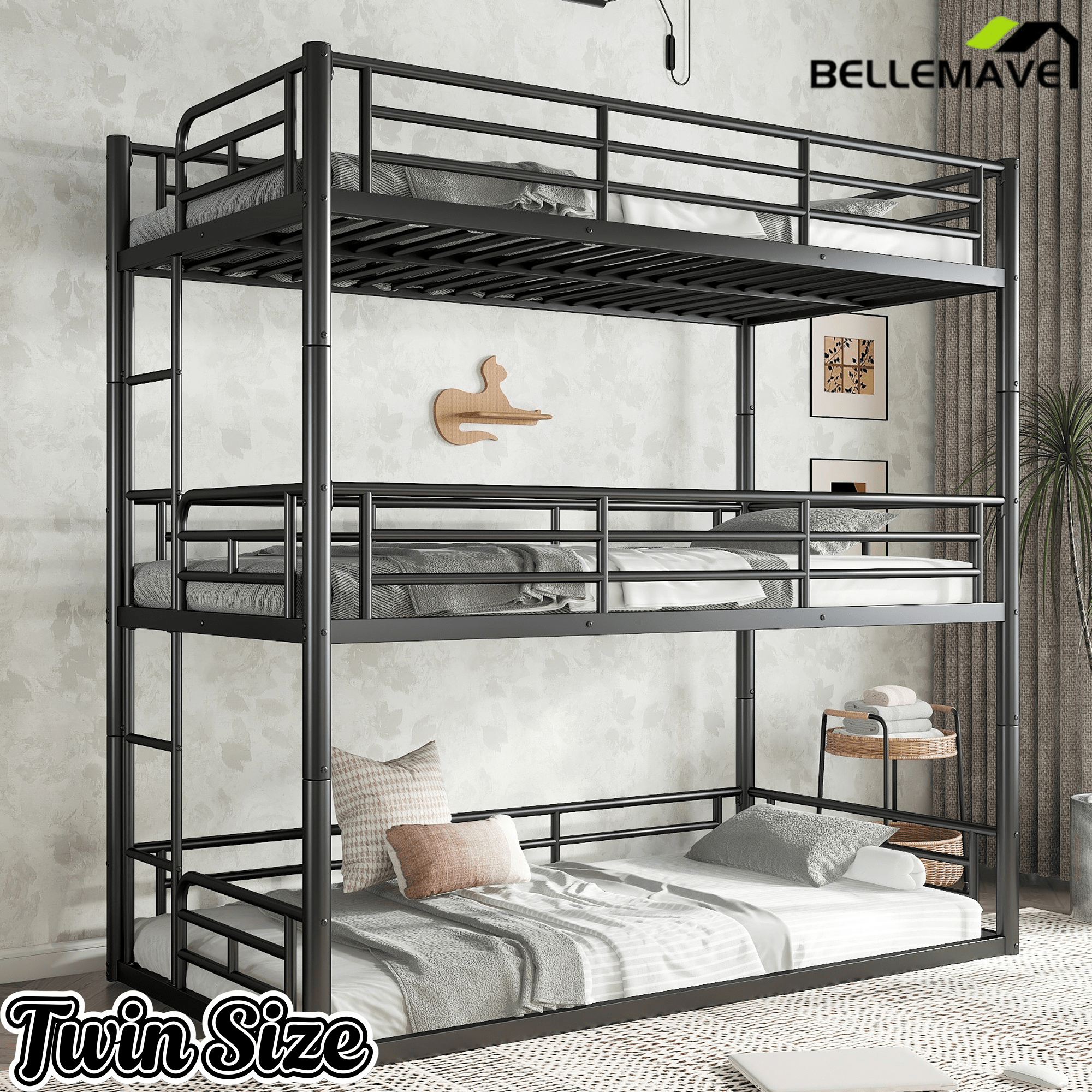 Bellemave® Twin, Full and Queen Size Metal Triple Bunk Bed with Full - Length Guardrails - Bellemave