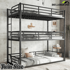 Bellemave® Twin, Full and Queen Size Metal Triple Bunk Bed with Full - Length Guardrails - Bellemave