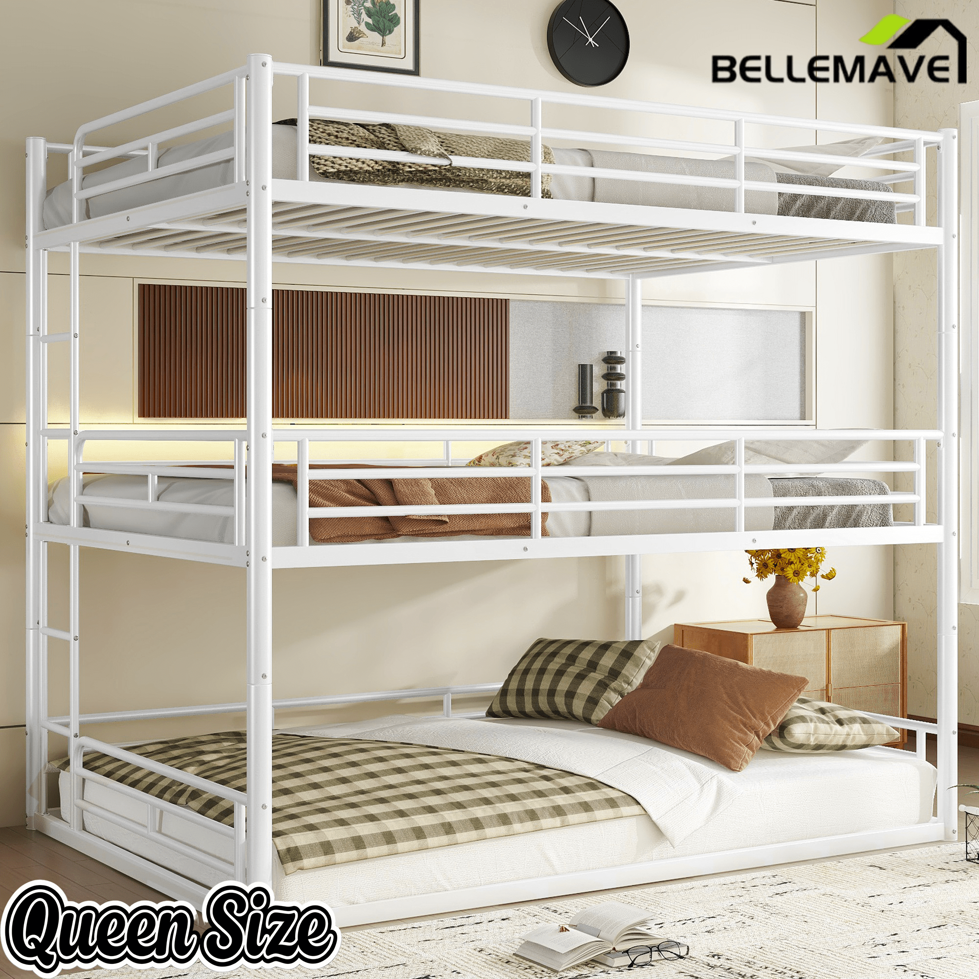 Bellemave® Twin, Full and Queen Size Metal Triple Bunk Bed with Full - Length Guardrails - Bellemave