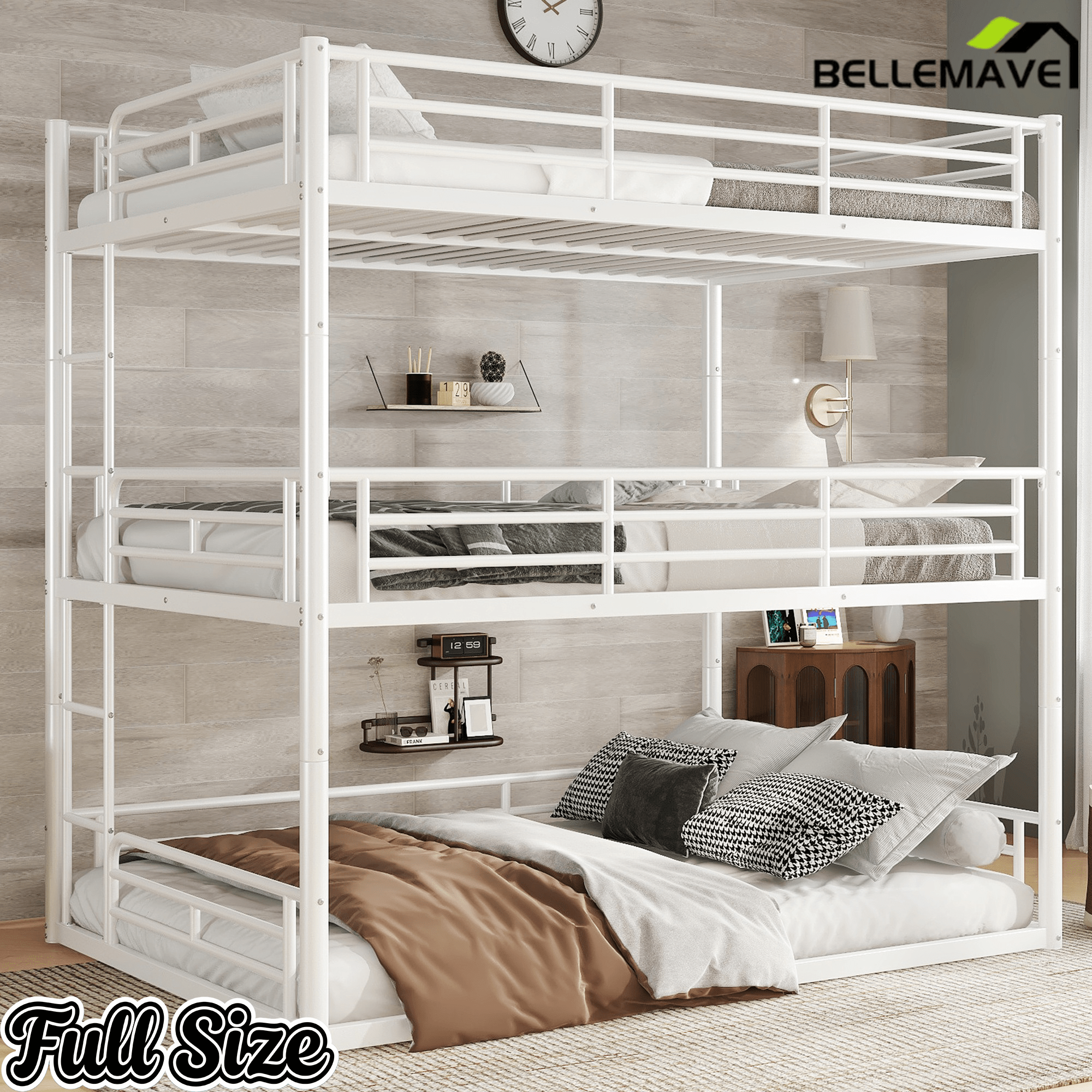 Bellemave® Twin, Full and Queen Size Metal Triple Bunk Bed with Full - Length Guardrails - Bellemave