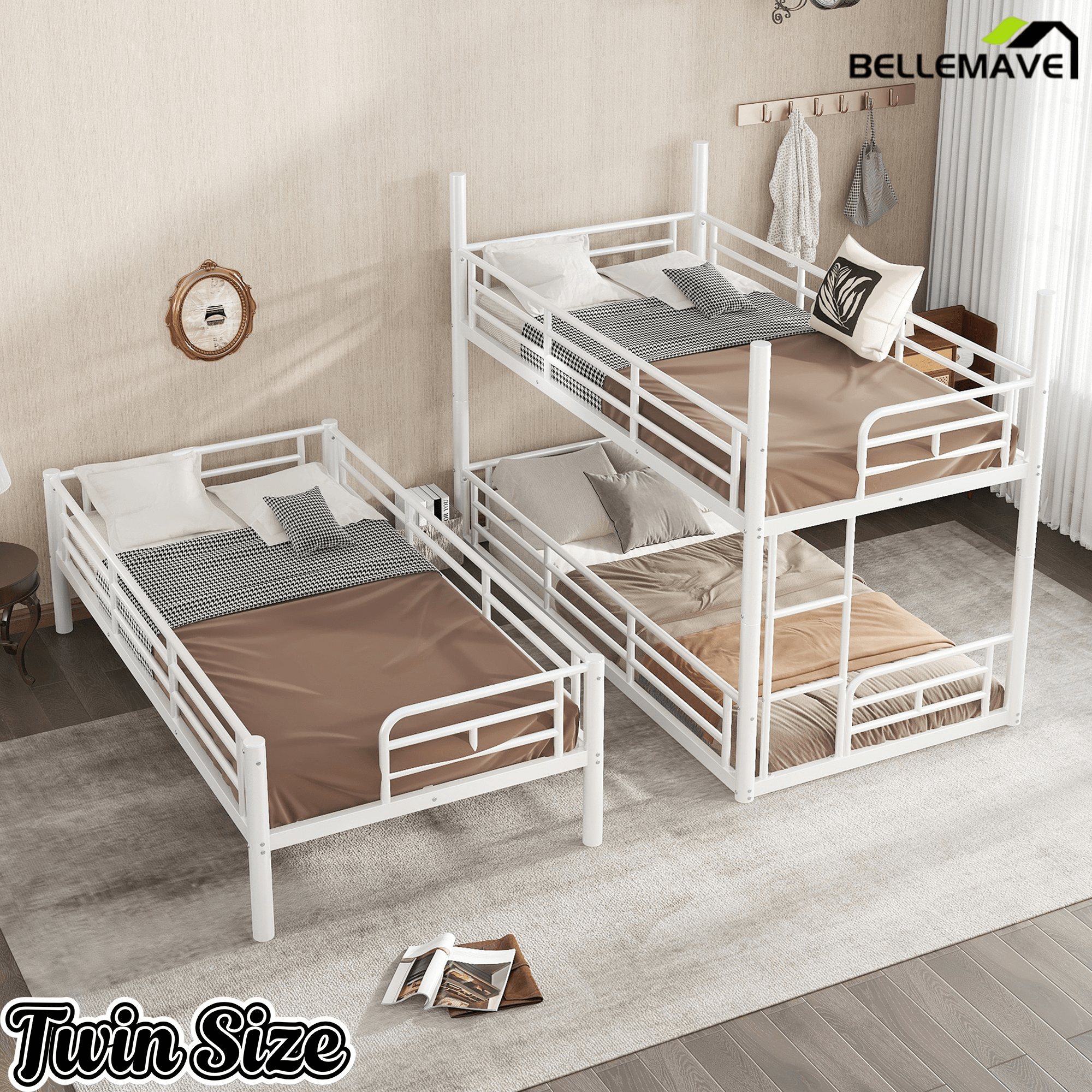 Bellemave® Twin, Full and Queen Size Metal Triple Bunk Bed with Full - Length Guardrails - Bellemave