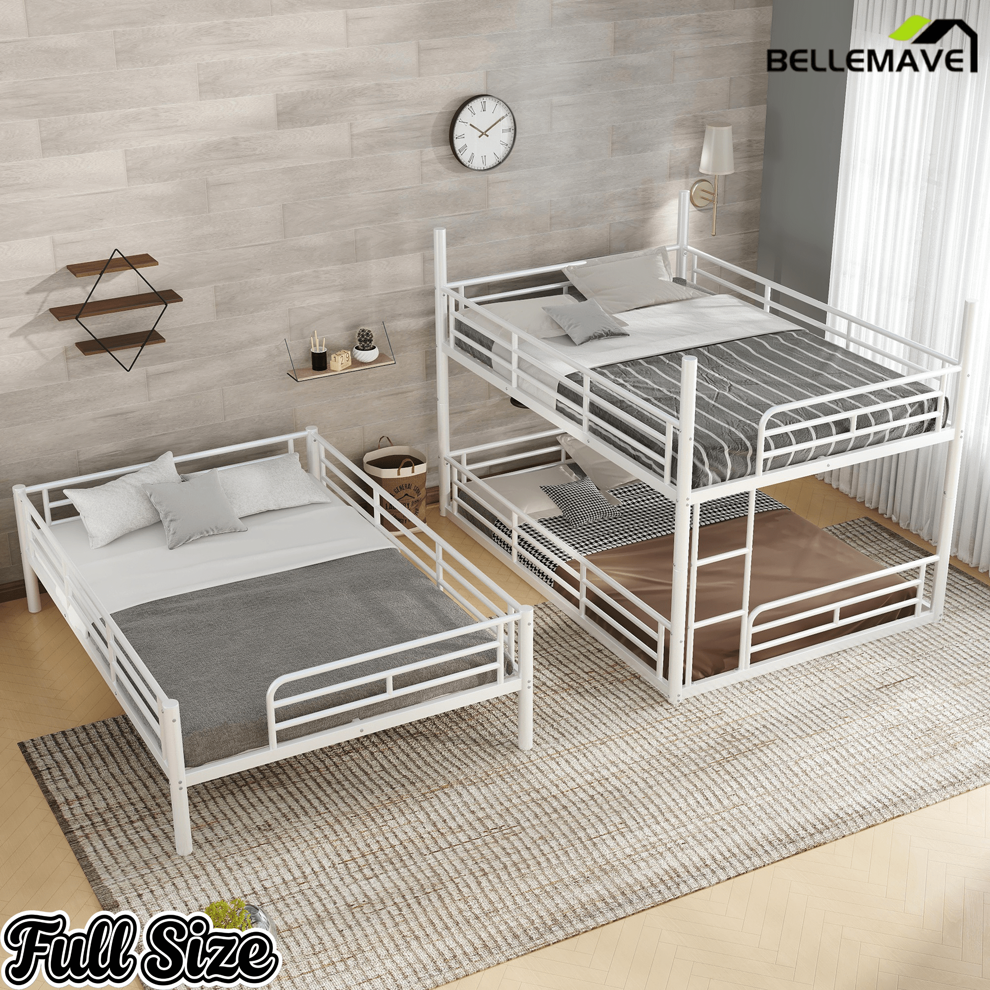 Bellemave® Twin, Full and Queen Size Metal Triple Bunk Bed with Full - Length Guardrails - Bellemave
