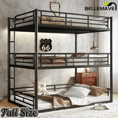 Bellemave® Twin, Full and Queen Size Metal Triple Bunk Bed with Full - Length Guardrails - Bellemave